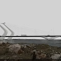 Modern Cable Stayed Bridge With Sunset Sky Over River And Stone Shore 3d model
