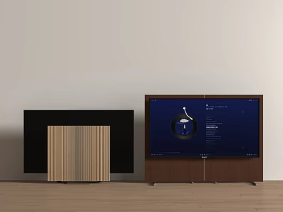 Two Modern Flat Screen TVs With Wooden Stand And Blue Interface 3d model