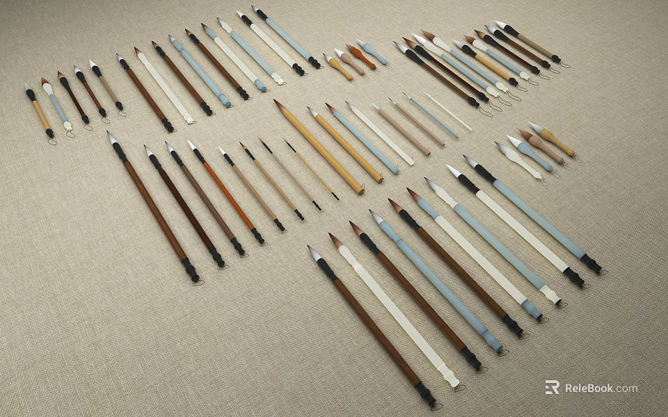 Decorative Traditional Brush Set Collection with Assorted Wooden Handles for Artistic Tabletop 3d model 