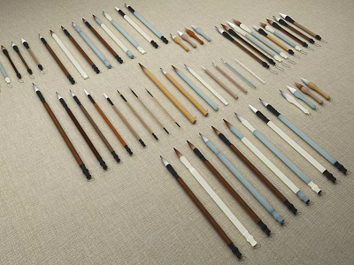 Decorative Traditional Brush Set Collection with Assorted Wooden Handles for Artistic Tabletop 3d model
