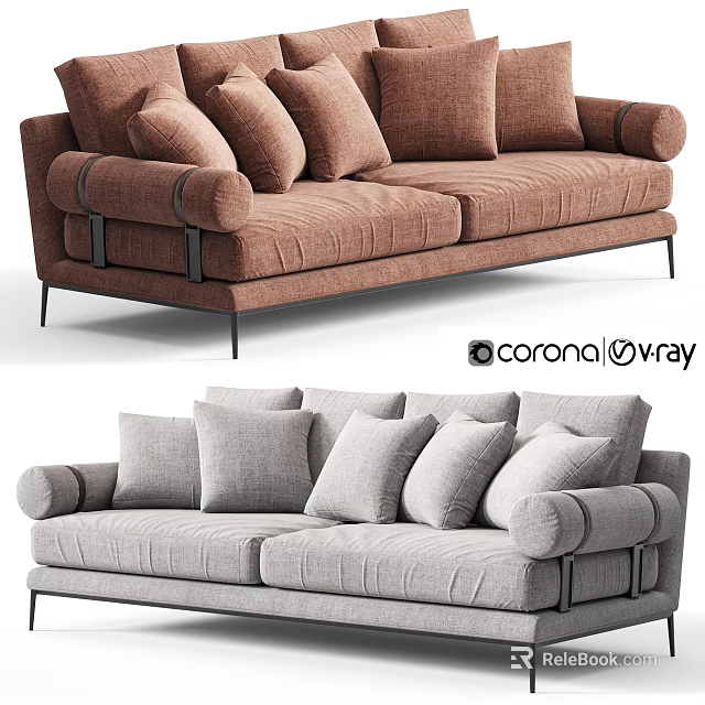 Modern Sectional Sofa with Brown and Gray Plush Cushions Padded Arms and Metal Legs 3d model 