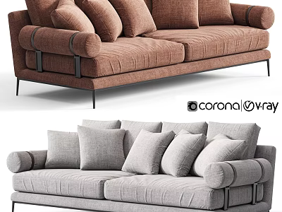 Modern Sectional Sofa with Brown and Gray Plush Cushions Padded Arms and Metal Legs 3d model