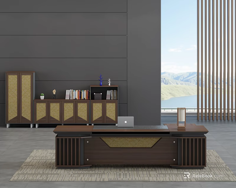 Modern Wooden Office Desk With Bookshelf Books Decor And Large Window Mountain Lake View 3d model 