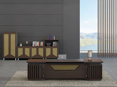 Modern Wooden Office Desk With Bookshelf Books Decor And Large Window Mountain Lake View 3d model