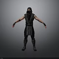 Man In Black Ninja Costume With Arms Outstretched On Gray Background