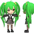 Anime Cartoon Girl With Green Long Hair Pigtails Yellow Hair Accessories And Black Uniform