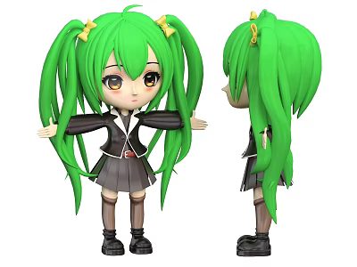 Anime Cartoon Girl With Green Long Hair Pigtails Yellow Hair Accessories And Black Uniform 3d model