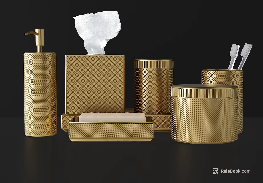 Luxury Golden Bathroom Accessories Set Including Soap Dispenser Tissue Box Holder And Trash Can 3d model 