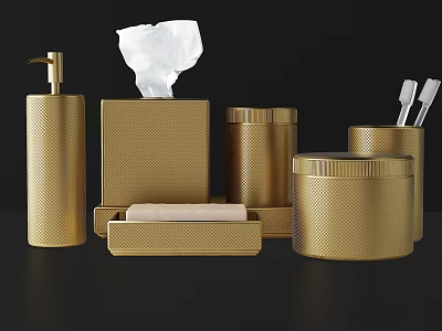 Luxury Golden Bathroom Accessories Set Including Soap Dispenser Tissue Box Holder And Trash Can 3d model