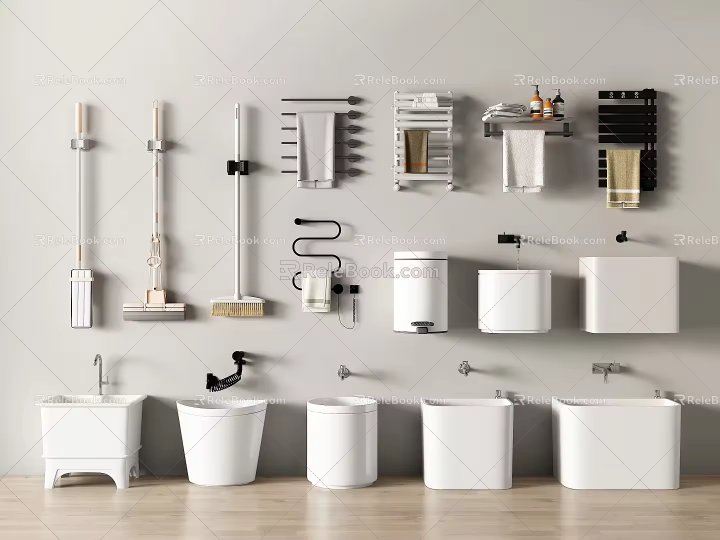 Modern mop pool mop mop pool electric towel rack mop pool towel rack trash can 3d model