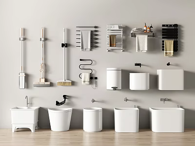 Modern Bathroom Accessories Collection Featuring Toilets Sinks Towel Racks And Storage Solutions 3d model