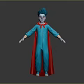 Game Movie Character With Blue Hair Blue Jumpsuit Red Cape And White Shoes