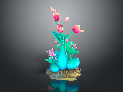Cartoon Scene With Pink Flowers Blue Vase Green Leaves And Decorative Base 3d model