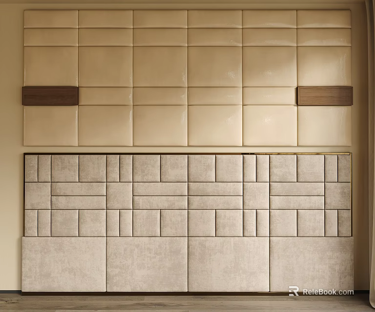 Modern Soft Padded Wall Panel Design With Beige Light Gray Geometric Patterns And Wooden Accents 3d model 