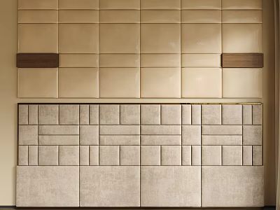 Modern Soft Padded Wall Panel Design With Beige Light Gray Geometric Patterns And Wooden Accents 3d model