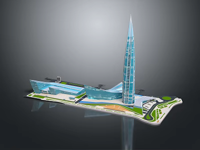 Cartoon Scene With Tall Tower Low Rise Buildings Green Areas And Roads 3d model