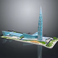 Cartoon Scene With Tall Tower Low Rise Buildings Green Areas And Roads