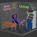 Indoor Gaming Corner With Neon Signs Arcade Machines And Wooden Table