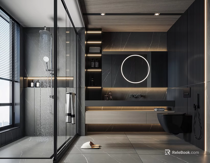 Modern Bathroom Interior Featuring Glass Shower Round Mirror Dark Walls Open Shelves And Tiled Floor 3d model 