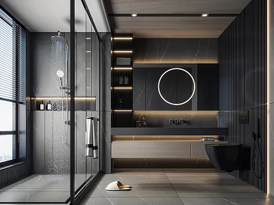 Modern Bathroom Interior Featuring Glass Shower Round Mirror Dark Walls Open Shelves And Tiled Floor 3d model