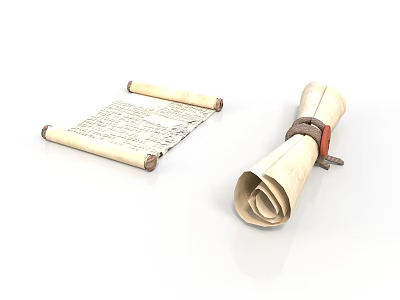 Vintage Paper Scrolls With Unrolled Text And Rolled Up Leather Strap Design 3d model