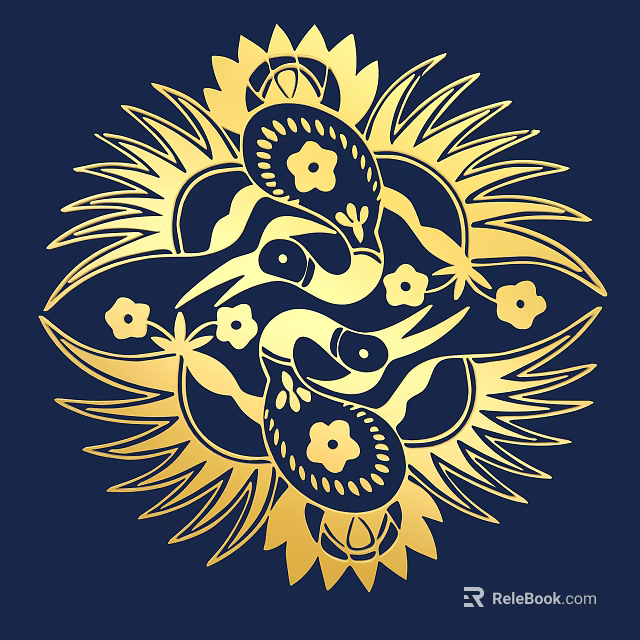 Intricate Golden Wall Decor With Birds Floral Patterns On Dark Blue Background 3d model 