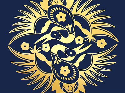 Intricate Golden Wall Decor With Birds Floral Patterns On Dark Blue Background 3d model
