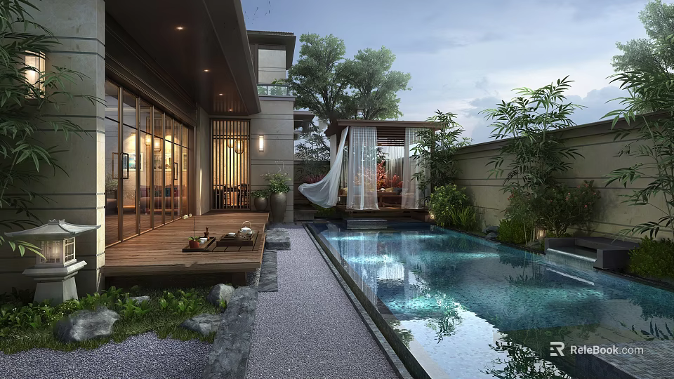 Modern House Roof Garden With Swimming Pool Green Plants And Wooden Deck For Relaxation Space 3d model 