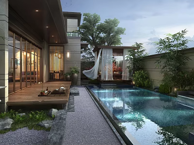 Modern House Roof Garden With Swimming Pool Green Plants And Wooden Deck For Relaxation Space 3d model