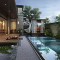 Modern House Roof Garden With Swimming Pool Green Plants And Wooden Deck For Relaxation Space