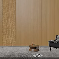 Modern Wooden Wall Paneling Interior With Gray Sofa Coffee Table And Floor Lamp
