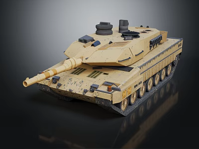 Modern Sand Colored Military Tank with Long Cannon Turret Equipment and Tracks 3d model