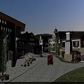 European Style Commercial Street With Cobblestone Path Vintage Carriage And Outdoor Café Tables