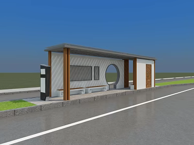 Modern Roadside Bus Shelter With Bench Information Panel And Wooden Elements Along Urban Road 3d model