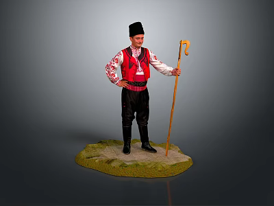Traditional Folk Costume Figurine Wearing Black Hat Holding Wooden Cane Standing On Green Base 3d model