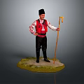 Traditional Folk Costume Figurine Wearing Black Hat Holding Wooden Cane Standing On Green Base