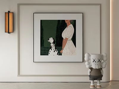 Abstract Painting Of Woman In White Dress With Dalmatian Dog On Green Background Wall Art 3d model