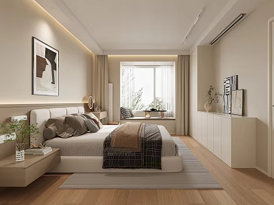 Modern Bedroom Interior Design With Comfortable Bed Nightstand Window Curtains And Wall Art 3d model
