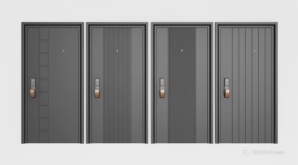 Modern Gray Security Doors With Different Textured Patterns And Brass Handles 3d model