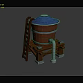 Wooden Barrel Structure With Blue Top Red Body Wooden Ladder And Metal Pipe