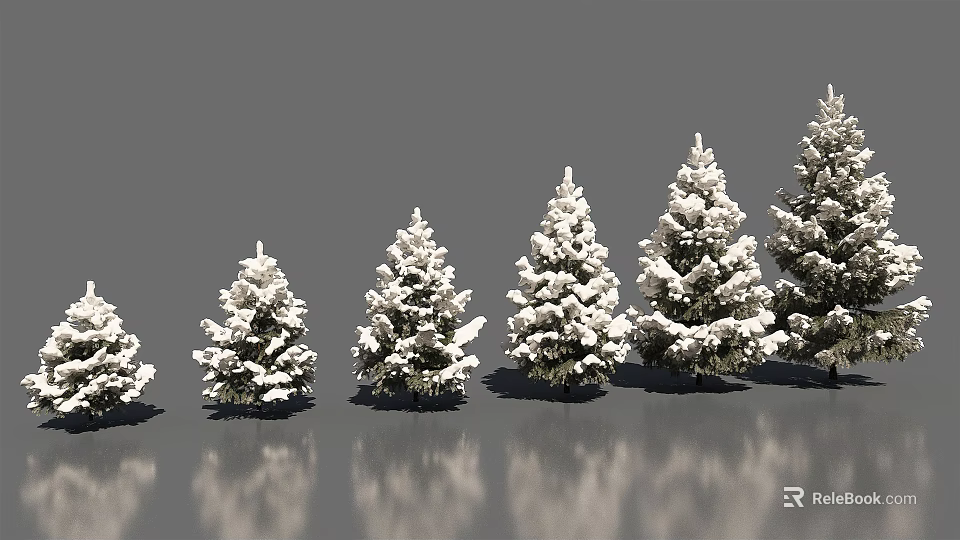 Snow Covered Evergreen Trees in Different Sizes with Reflections on Surface 3d model