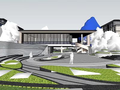 Modern Sales Office Building With Large Glass Facade Landscaped Steps And Circular Plaza 3d model