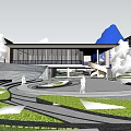 Modern Sales Office Building With Large Glass Facade Landscaped Steps And Circular Plaza
