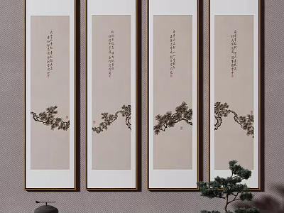 Traditional Chinese Scroll Paintings With Calligraphy And Tree Branch Designs For Wall Decor 3d model