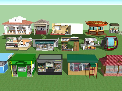 Various Small Kiosk Designs With Different Shapes And Colorful Structures 3d model