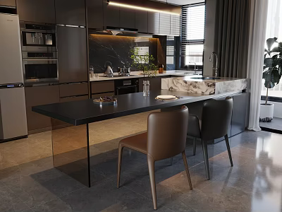 Modern Restaurant Interior With Dark Cabinets Marble Countertop And Dining Table Chairs 3d model