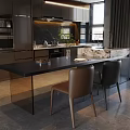 Modern Restaurant Interior With Dark Cabinets Marble Countertop And Dining Table Chairs