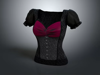 Women's Black Corset Top With Pink V Neck Button Front And Puffed Sleeves 3d model