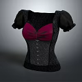 Women's Black Corset Top With Pink V Neck Button Front And Puffed Sleeves