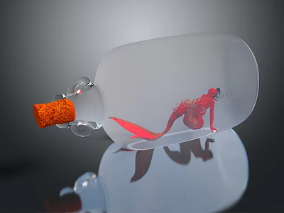 Glass Bottle With Orange Cork Stopper And Red Mermaid Figurine On Reflective Surface 3d model